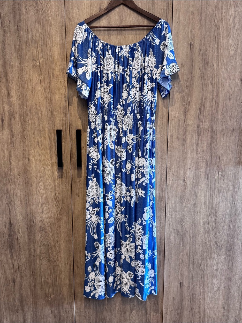 Anthropologie Kindred Peasant Flowy 3X Blue Floral Off-Shoulder Maxi Dress NWOT